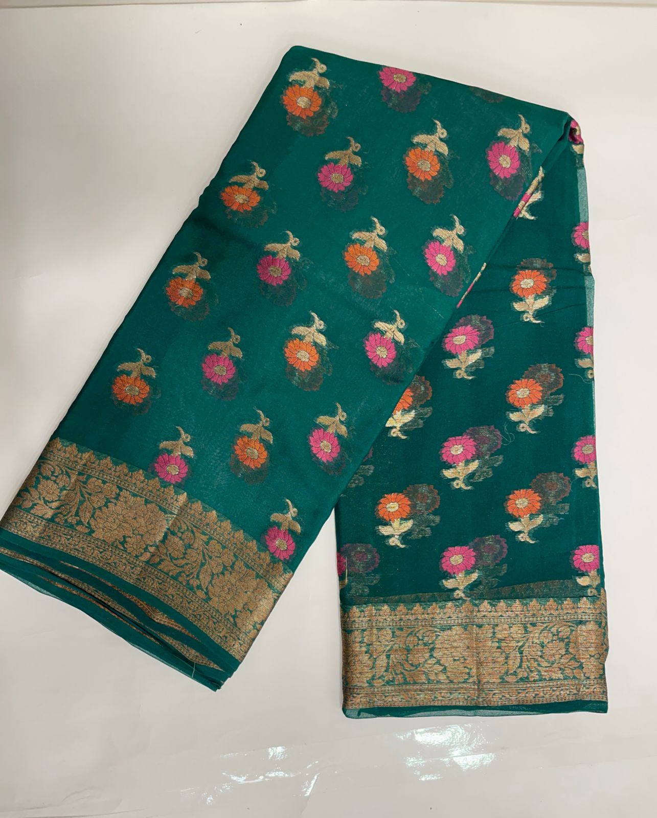 Faishana Pure Handloom Dark Green Chiffon Floral Mina Zari Booti with Copper Zari Border and Pallu and Dark Green Blouse