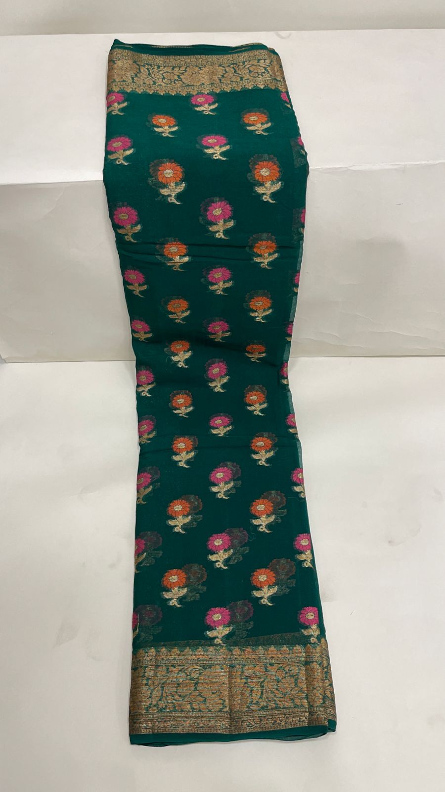 Faishana Pure Handloom Dark Green Chiffon Floral Mina Zari Booti with Copper Zari Border and Pallu and Dark Green Blouse