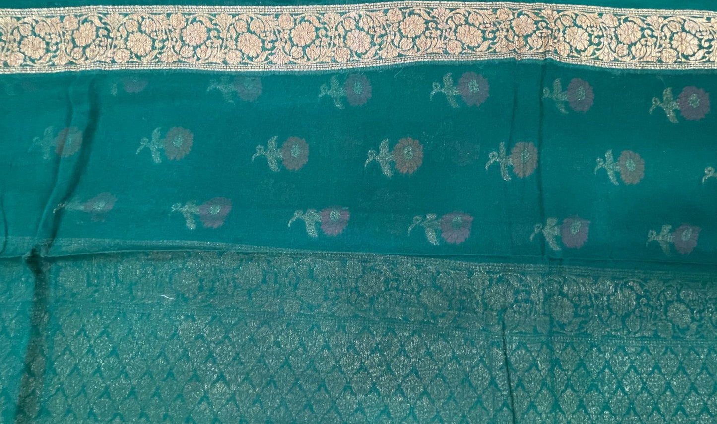 Faishana Pure Handloom Dark Green Chiffon Floral Mina Zari Booti with Copper Zari Border and Pallu and Dark Green Blouse