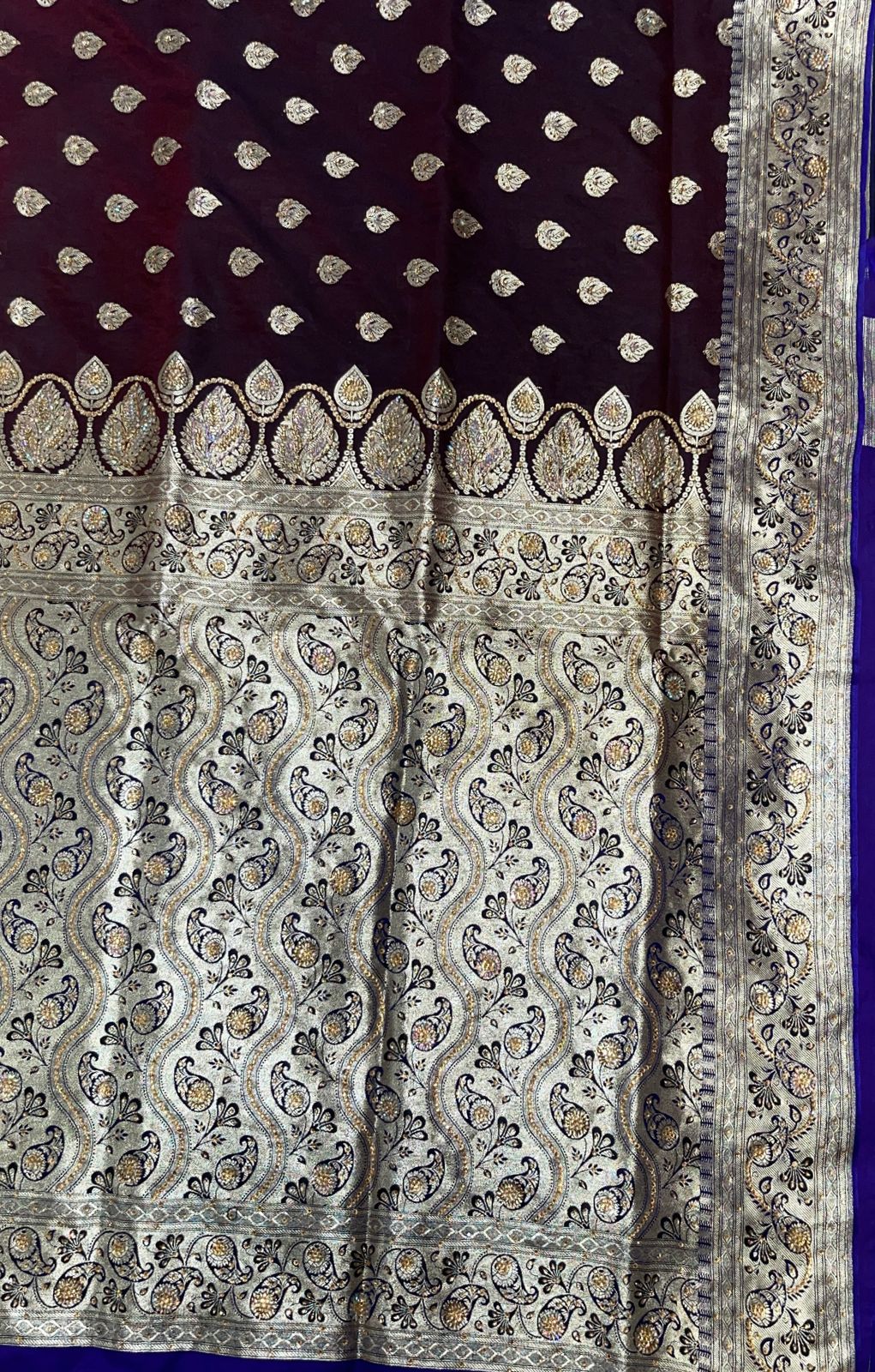 Faishana Presents Brown Stone Work Golden Zari Booti with Contrast Blue Paisley Lehariya Pallu Zari Border with Blue Blouse Banarasi Saree