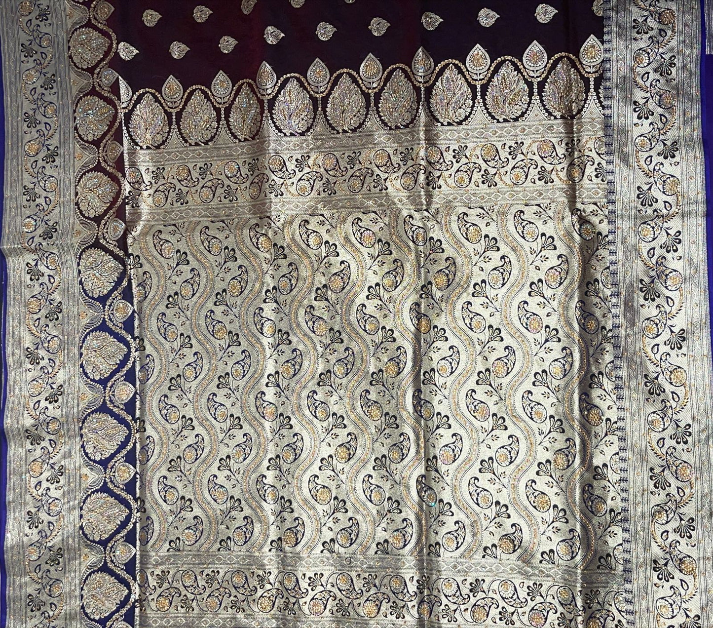 Faishana Presents Brown Stone Work Golden Zari Booti with Contrast Blue Paisley Lehariya Pallu Zari Border with Blue Blouse Banarasi Saree