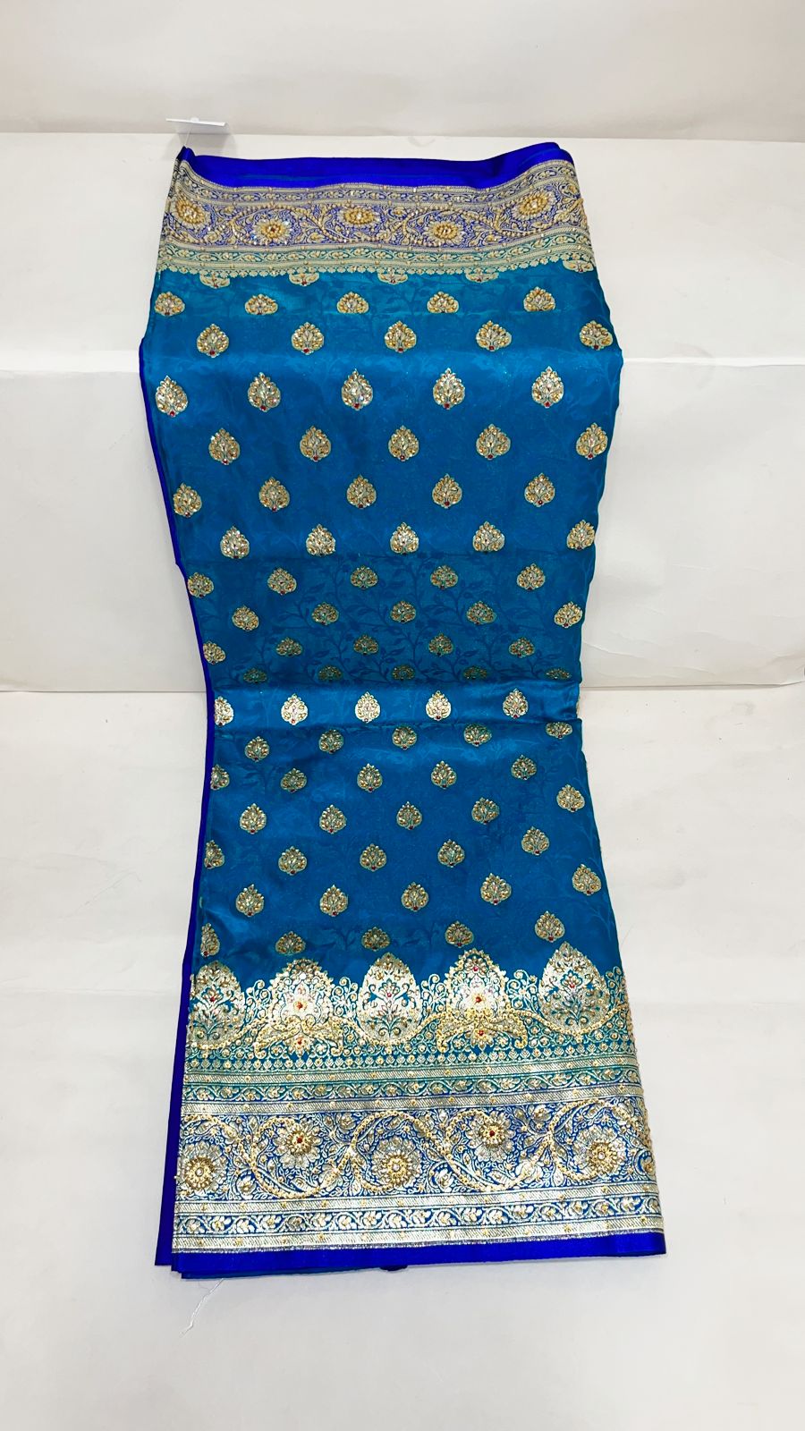 Faishana Presents Turquoise Blue Stone Work Golden Zari Booti Afli Mina Jaal with Alfi Boota Pallu Zari Border and Blue Blouse Banarasi Saree