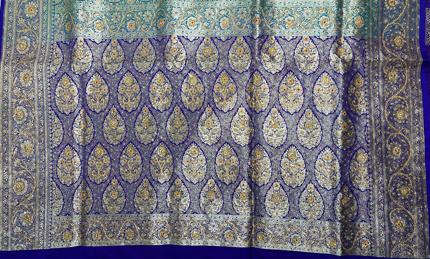 Faishana Presents Turquoise Blue Stone Work Golden Zari Booti Afli Mina Jaal with Alfi Boota Pallu Zari Border and Blue Blouse Banarasi Saree