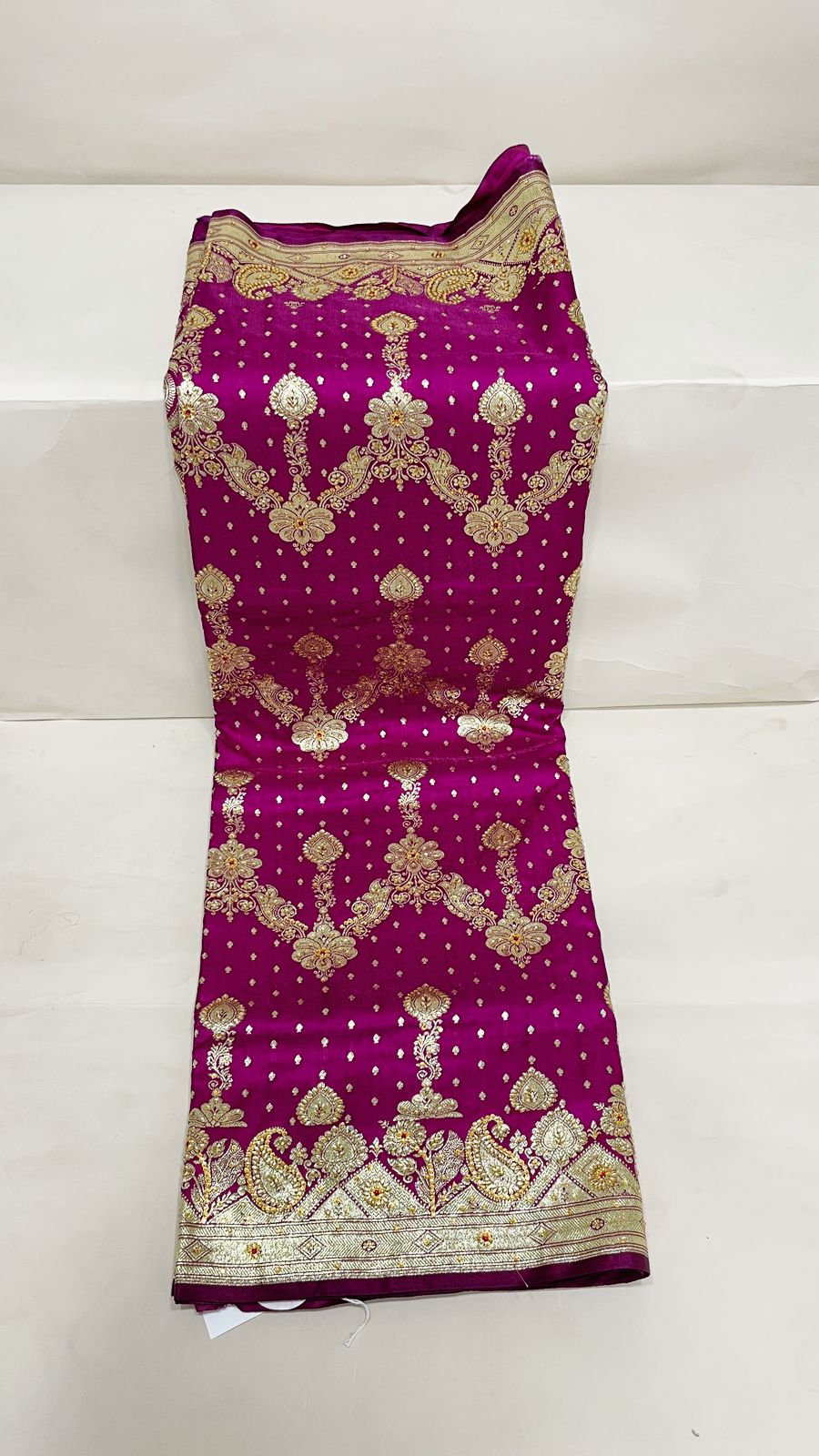 Faishana Presents Purple Stone Work Golden Zari Zig-Zag Stripe Booti Jaal with Floral Heavy Pallu Zari Border with Purple Blouse Banarasi Saree