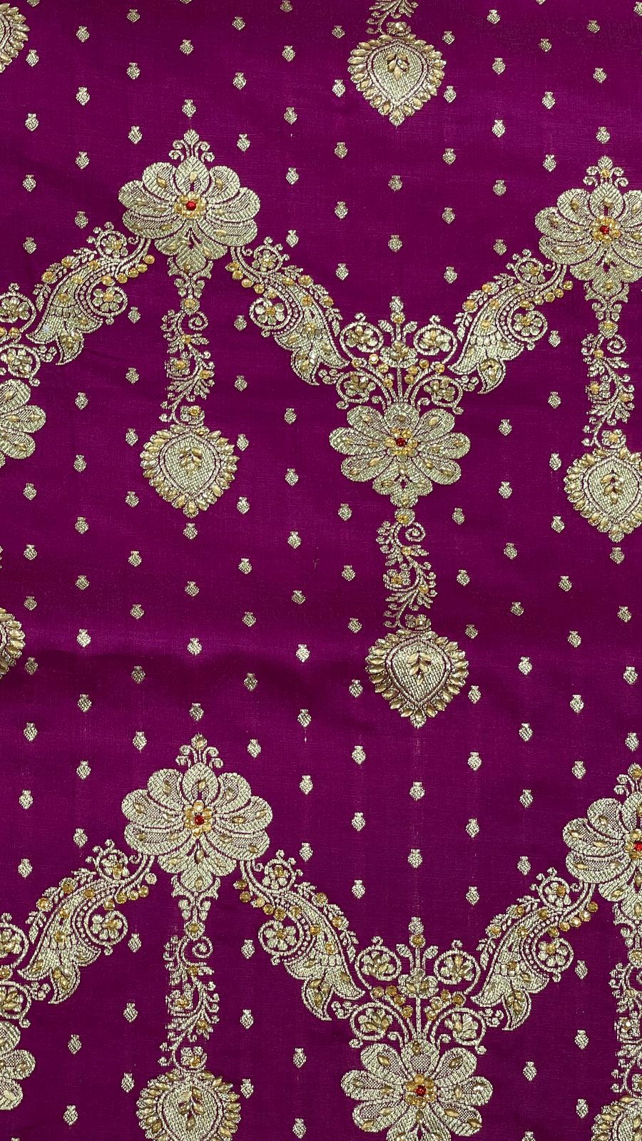 Faishana Presents Purple Stone Work Golden Zari Zig-Zag Stripe Booti Jaal with Floral Heavy Pallu Zari Border with Purple Blouse Banarasi Saree