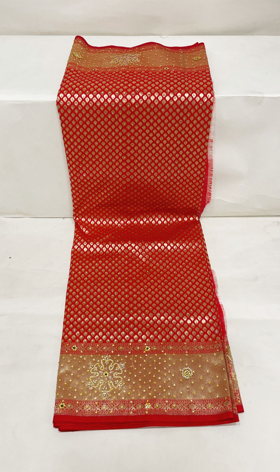 Faishana Presents Red Satin Silk Stone Work Golden Zari Chunri Booti with Banarasi Zari Border and Red Blouse