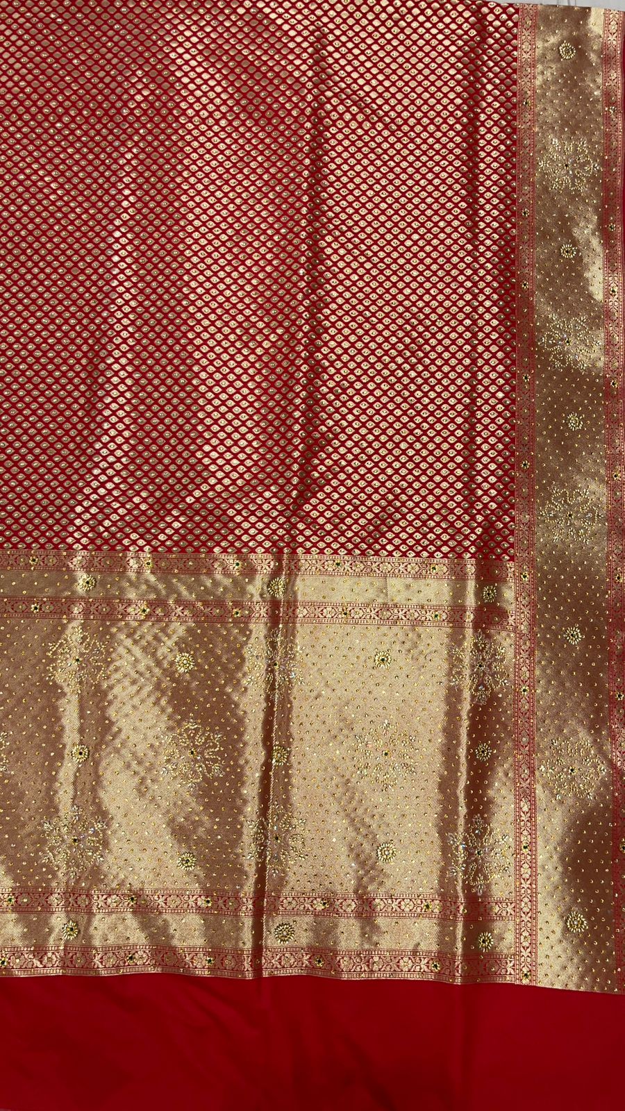 Faishana Presents Red Satin Silk Stone Work Golden Zari Chunri Booti with Banarasi Zari Border and Red Blouse