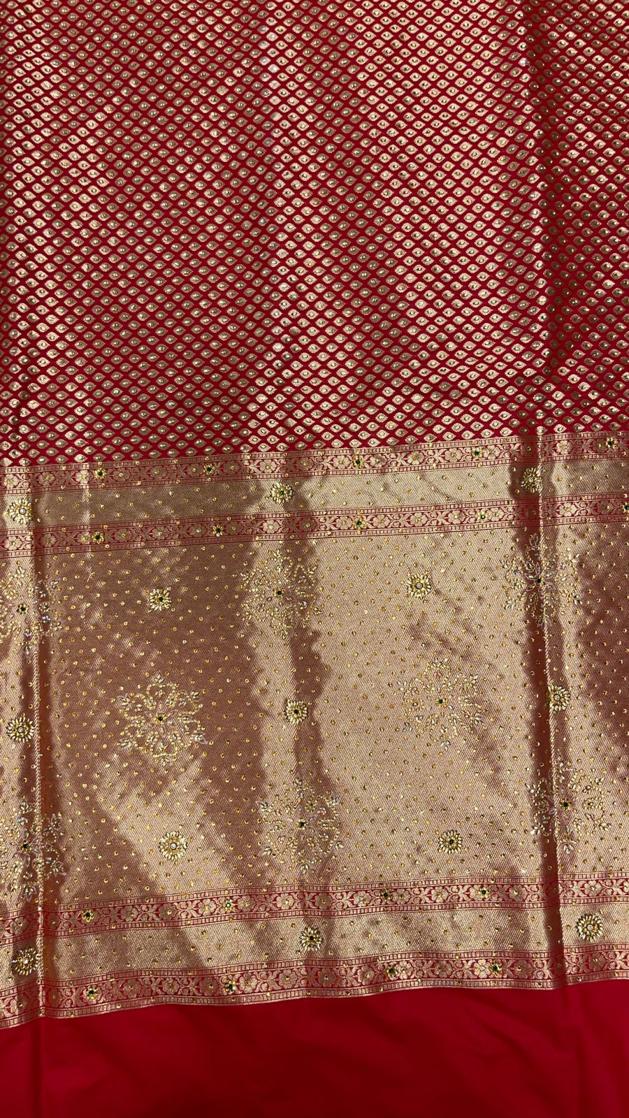 Faishana Presents Red Satin Silk Stone Work Golden Zari Chunri Booti with Banarasi Zari Border and Red Blouse