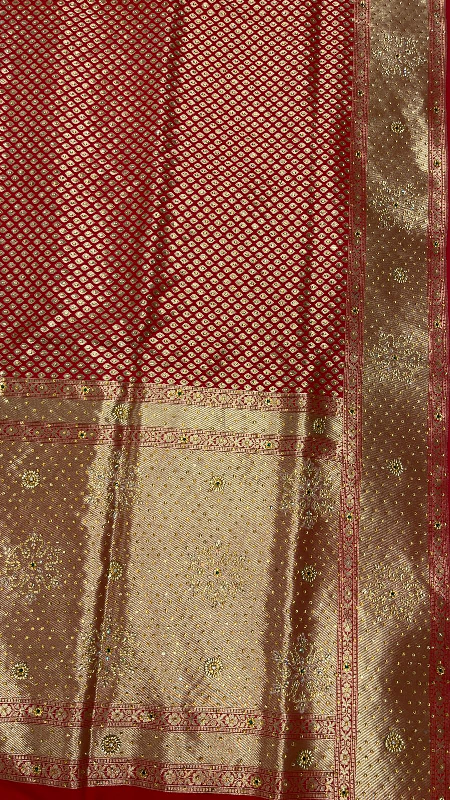 Faishana Presents Red Satin Silk Stone Work Golden Zari Chunri Booti with Banarasi Zari Border and Red Blouse
