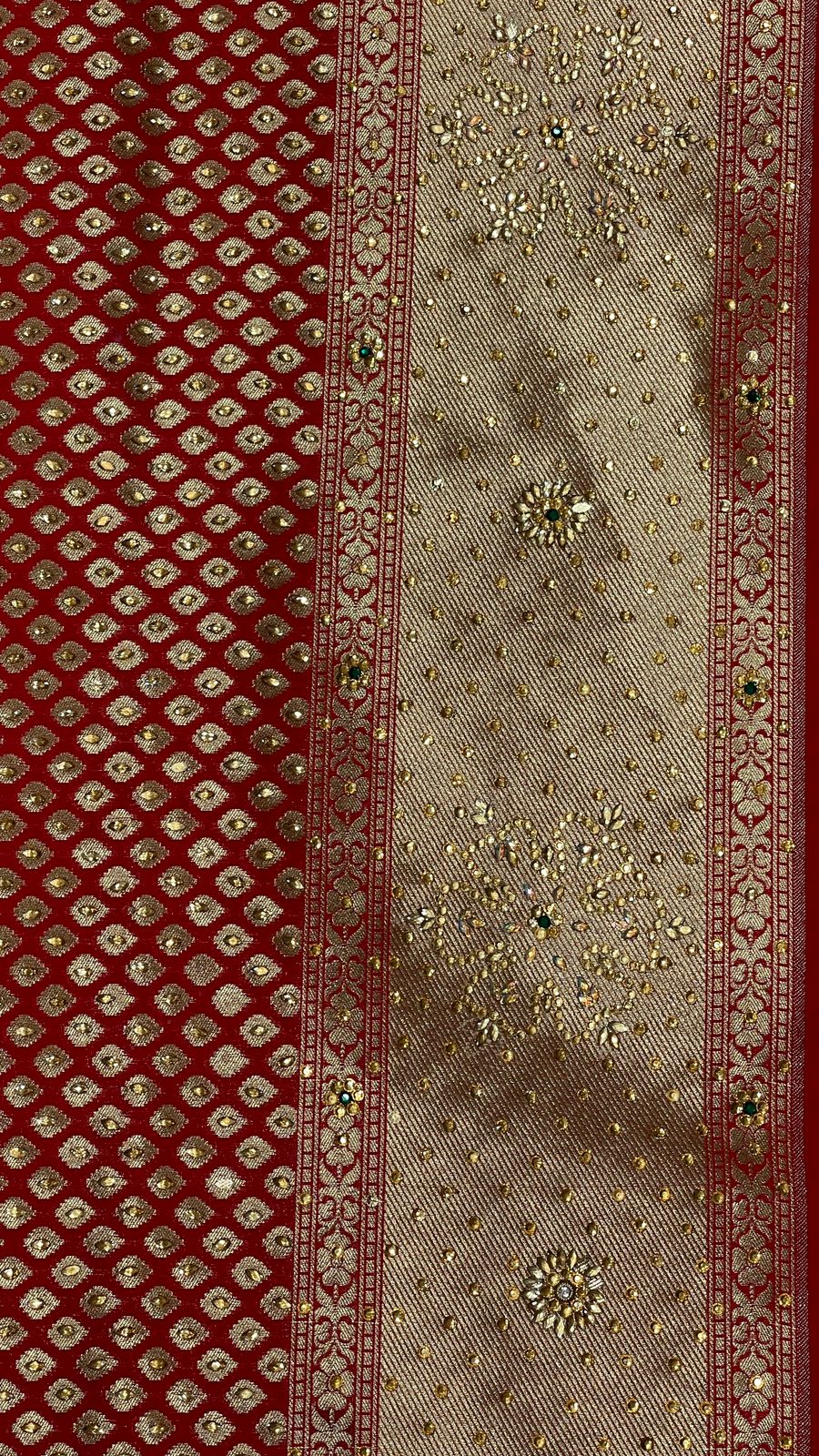 Faishana Presents Red Satin Silk Stone Work Golden Zari Chunri Booti with Banarasi Zari Border and Red Blouse