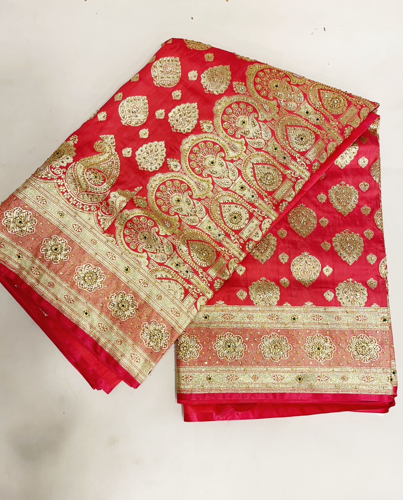 Faishana Presents Peach Stone Work Golden Zari Boota Zari Border Banarasi Saree with Peach Blouse