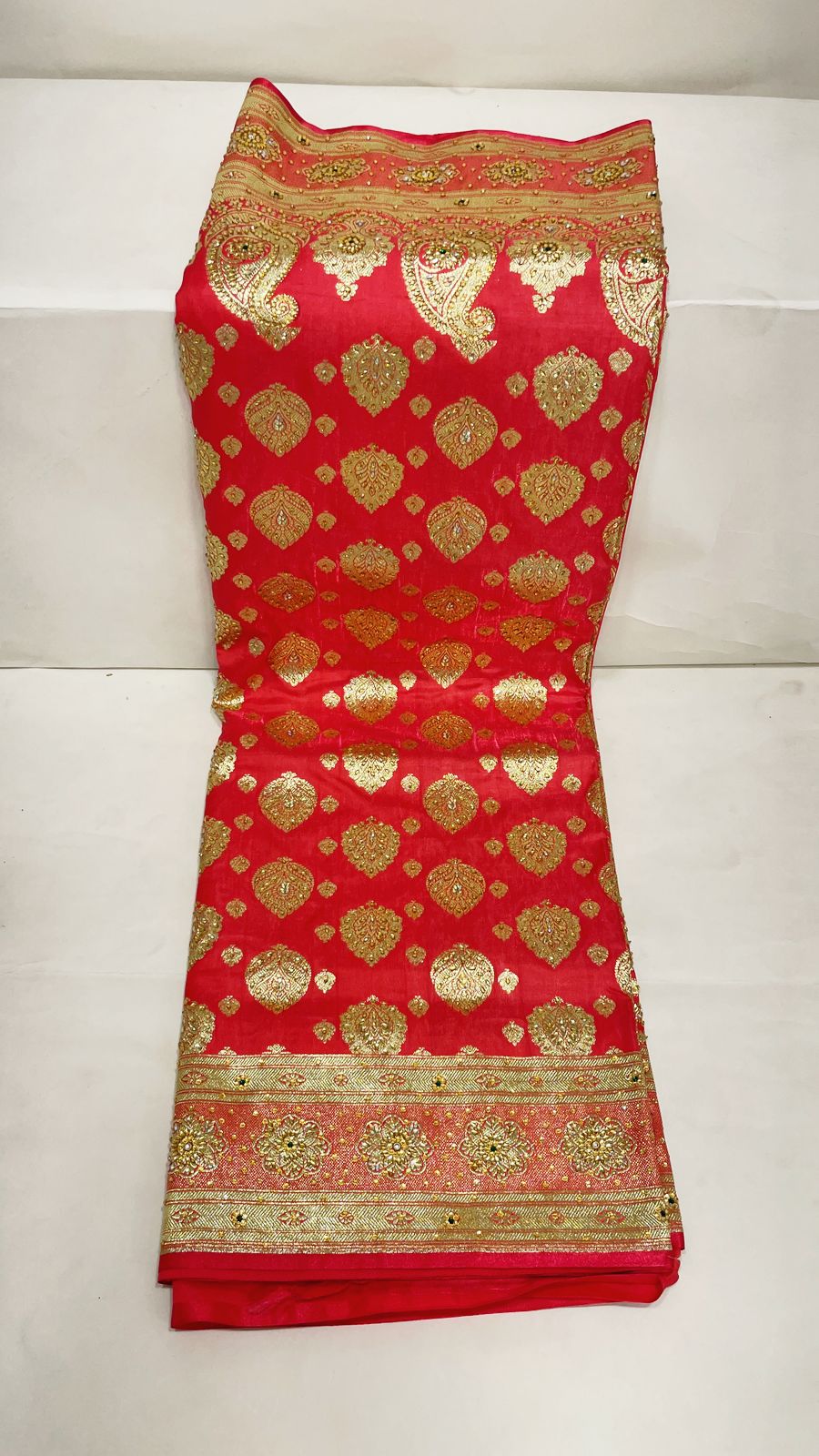 Faishana Presents Peach Stone Work Golden Zari Boota Zari Border Banarasi Saree with Peach Blouse