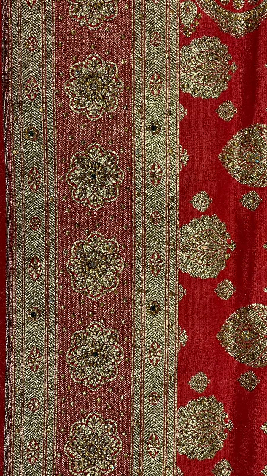 Faishana Presents Peach Stone Work Golden Zari Boota Zari Border Banarasi Saree with Peach Blouse