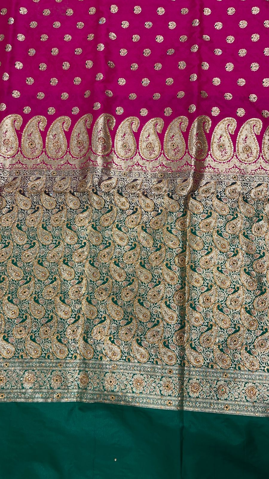 Faishana Presents Pink Stone Work Golden Zari Floral Booti with Contrast Green Paisley Pallu Zari Border and Green Blouse Banarasi Saree