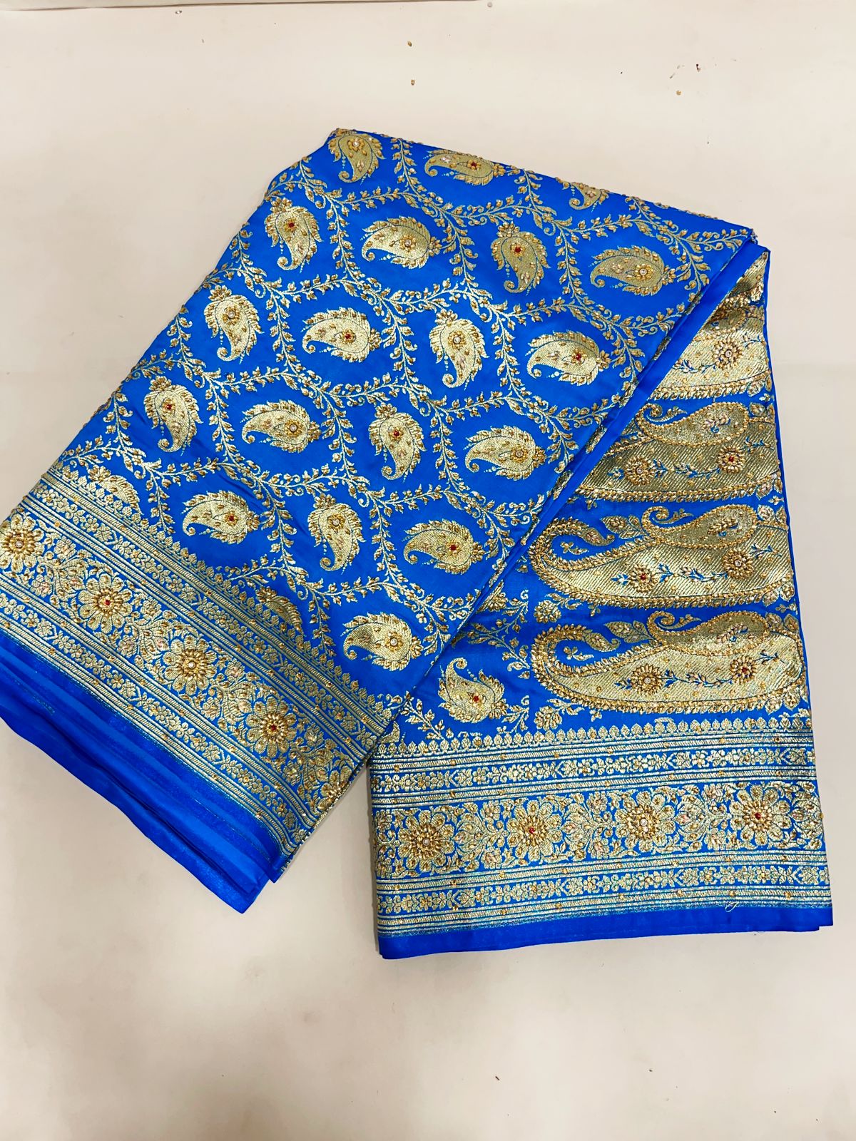 Faishana Presents Turqouise Blue Stone Work Golden Zari Booti Jaal with Paisely Boota Pallu Zari Border Banarasi Saree
