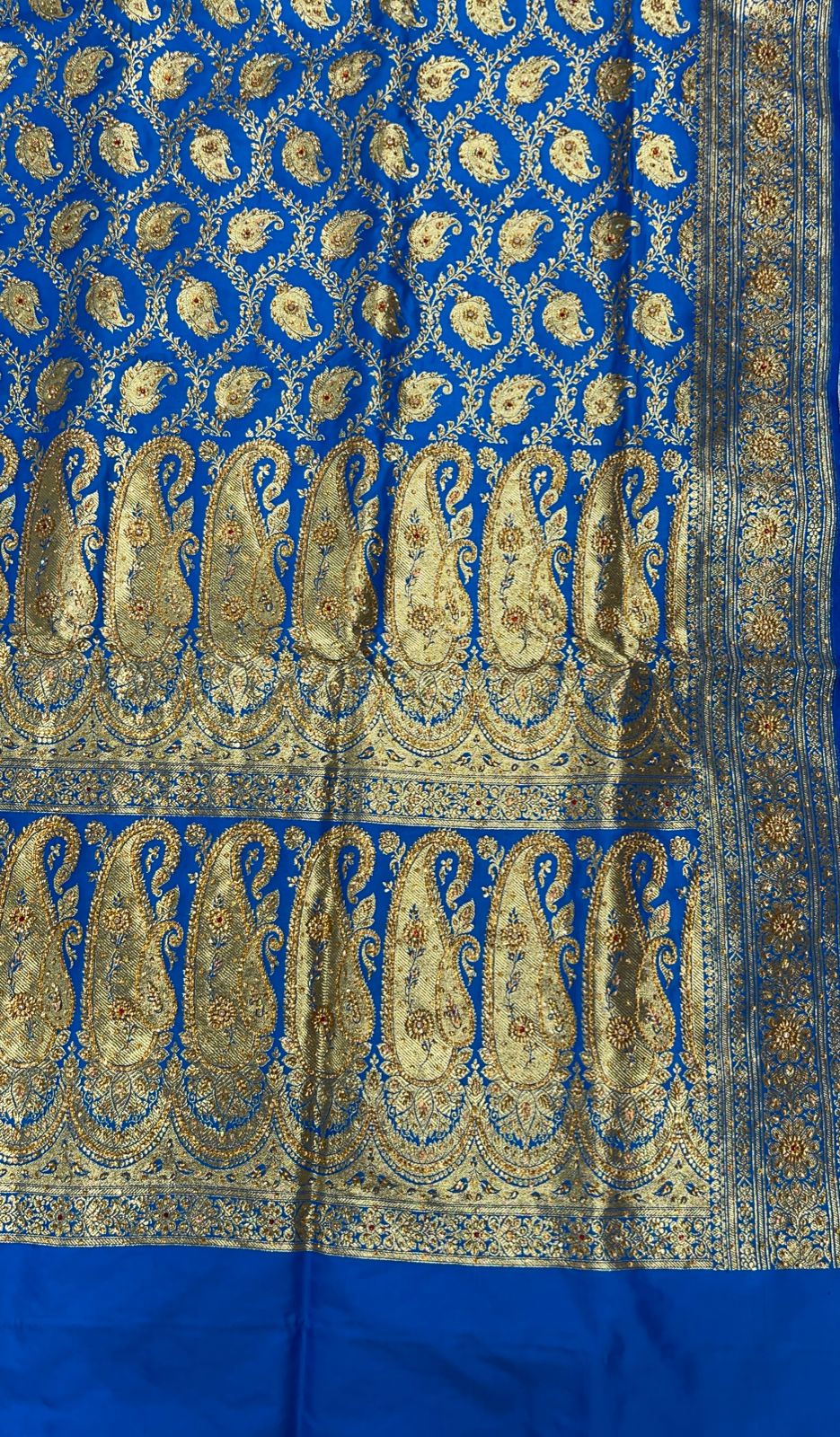 Faishana Presents Turqouise Blue Stone Work Golden Zari Booti Jaal with Paisely Boota Pallu Zari Border Banarasi Saree