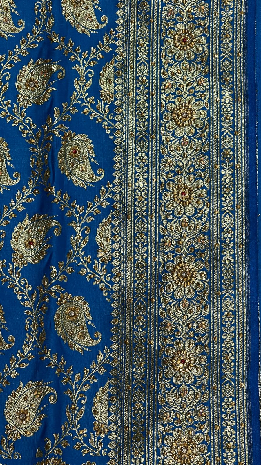 Faishana Presents Turqouise Blue Stone Work Golden Zari Booti Jaal with Paisely Boota Pallu Zari Border Banarasi Saree