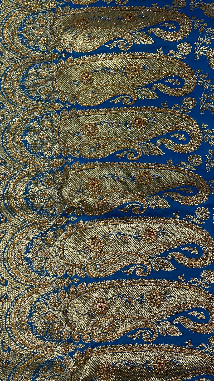 Faishana Presents Turqouise Blue Stone Work Golden Zari Booti Jaal with Paisely Boota Pallu Zari Border Banarasi Saree