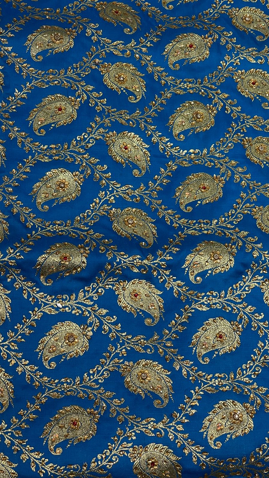 Faishana Presents Turqouise Blue Stone Work Golden Zari Booti Jaal with Paisely Boota Pallu Zari Border Banarasi Saree
