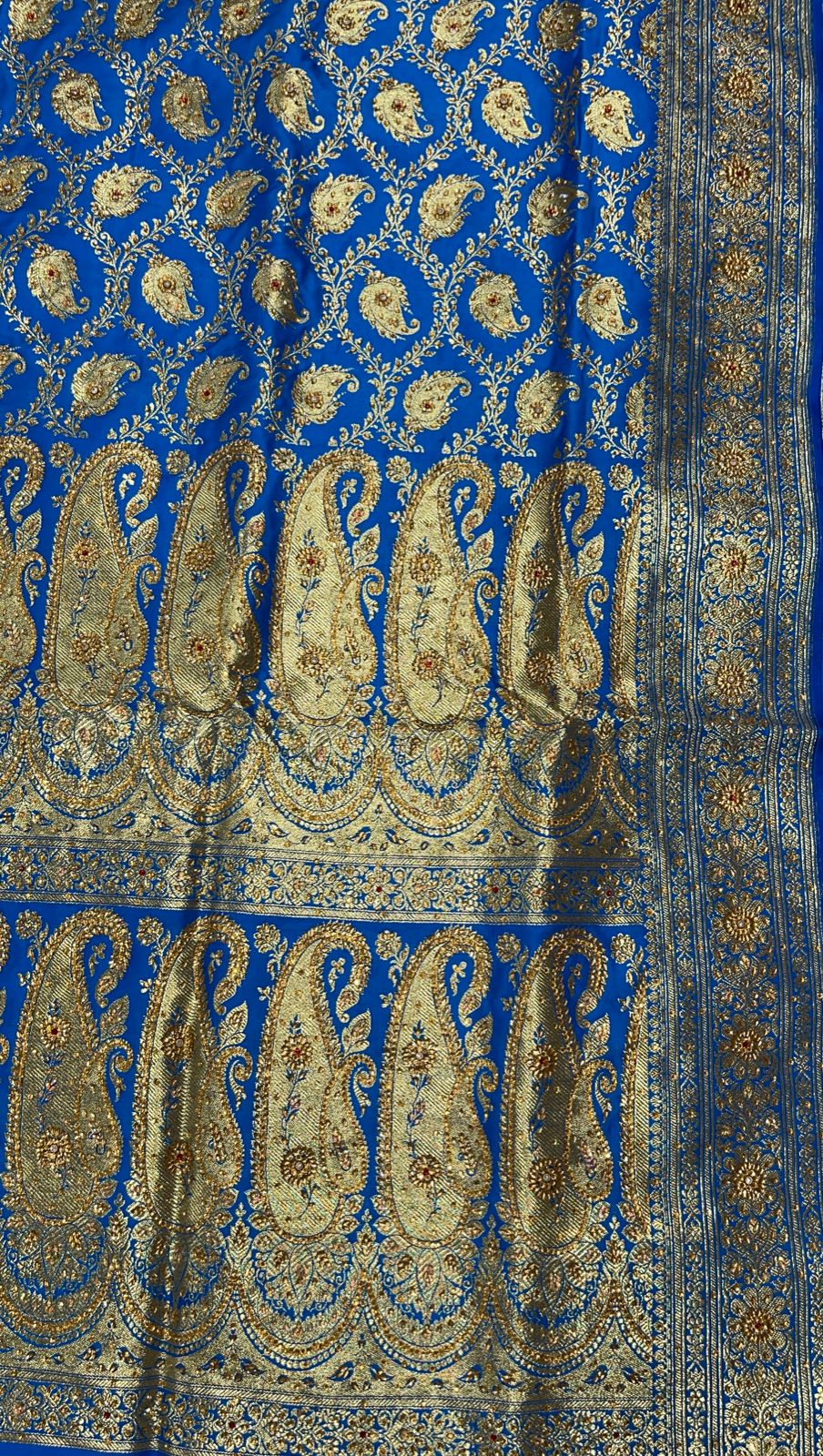 Faishana Presents Turqouise Blue Stone Work Golden Zari Booti Jaal with Paisely Boota Pallu Zari Border Banarasi Saree