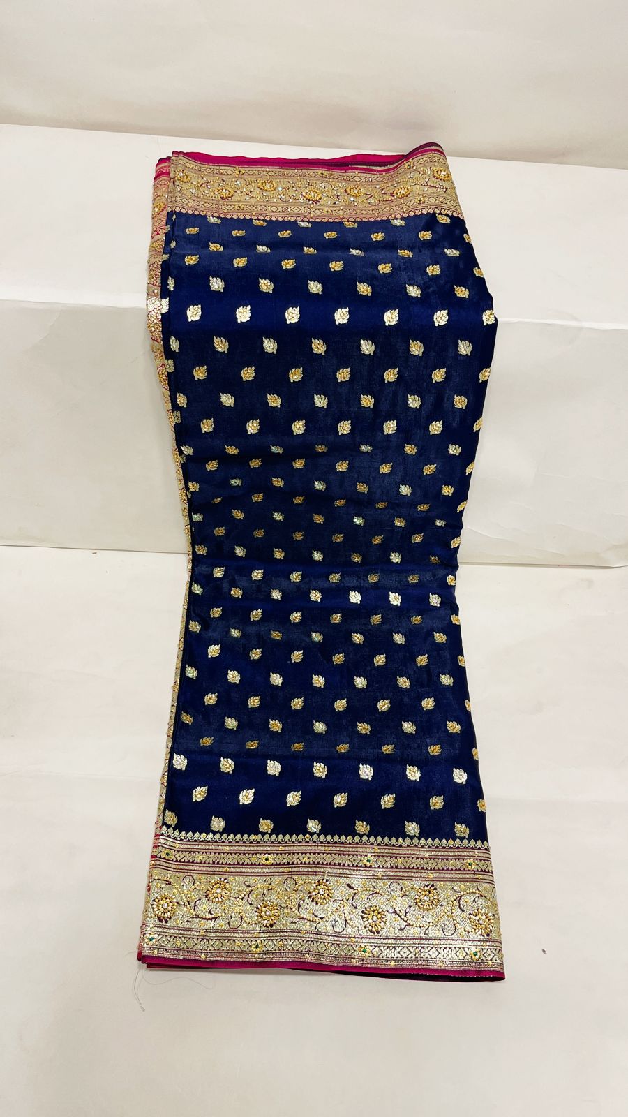 Faishana Presents Navy Blue Stone Work Golden Zari Chunri Booti with Contrast Magenta Alfi Boota Pallu Zari Border With Magenta Blouse Banarasi Saree