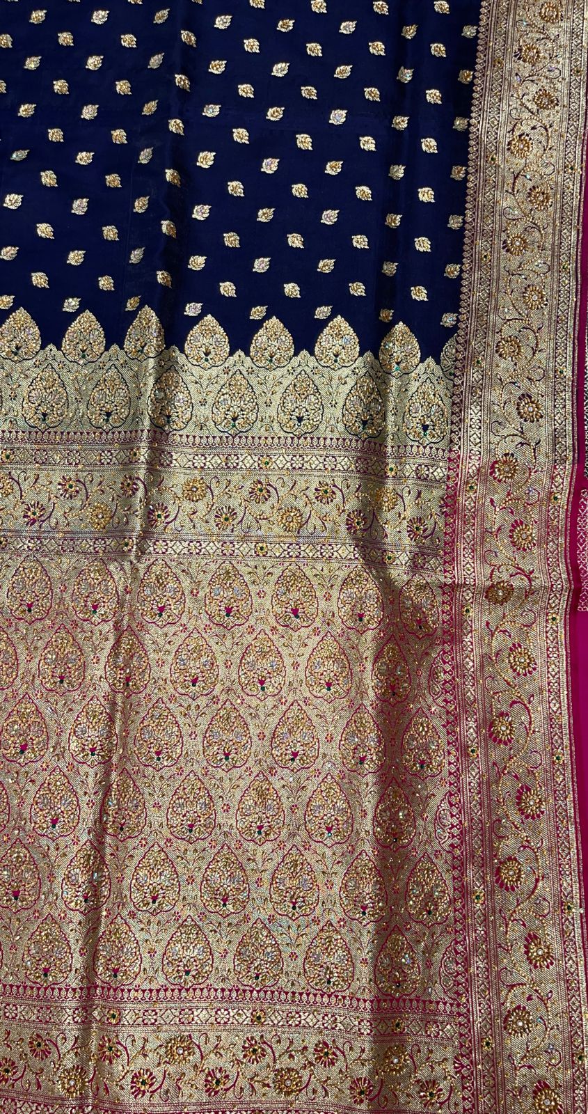 Faishana Presents Navy Blue Stone Work Golden Zari Chunri Booti with Contrast Magenta Alfi Boota Pallu Zari Border With Magenta Blouse Banarasi Saree