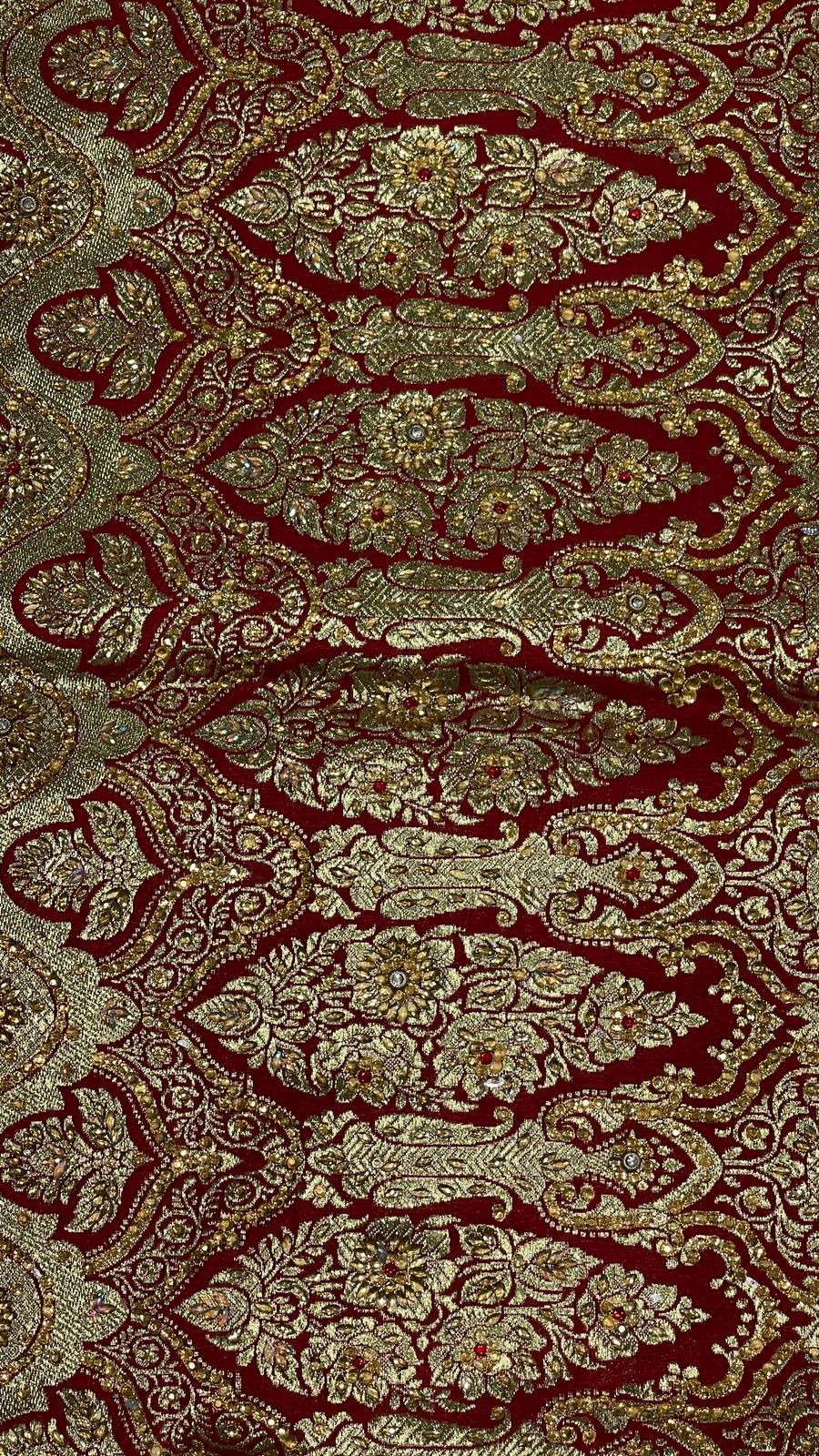 Faishana Presents Purple Stone Work Golden Zari Booti Floral Jaal with Paisely Contrast Red Boota Pallu Zari Border and Red Blouse Banarasi Saree