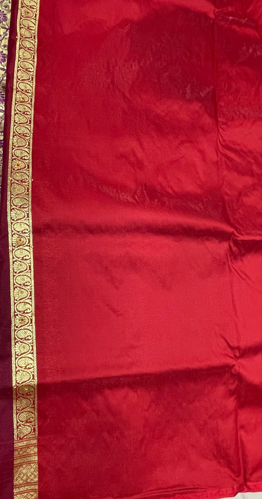 Faishana Presents Purple Stone Work Golden Zari Booti Floral Jaal with Paisely Contrast Red Boota Pallu Zari Border and Red Blouse Banarasi Saree
