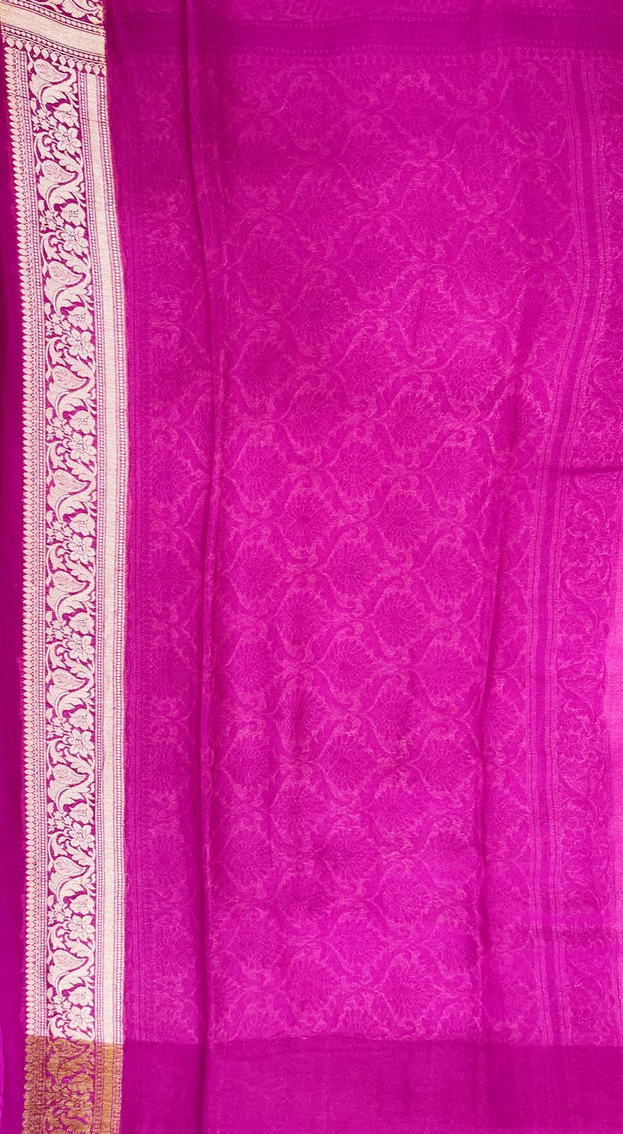 Faishana Pure Handloom Baby Pink Chiffon Stripe Zari Zig-Zag Booti Skirt Paithani Border with Contrast Magenta Floral Zari Border and Magenta Blouse