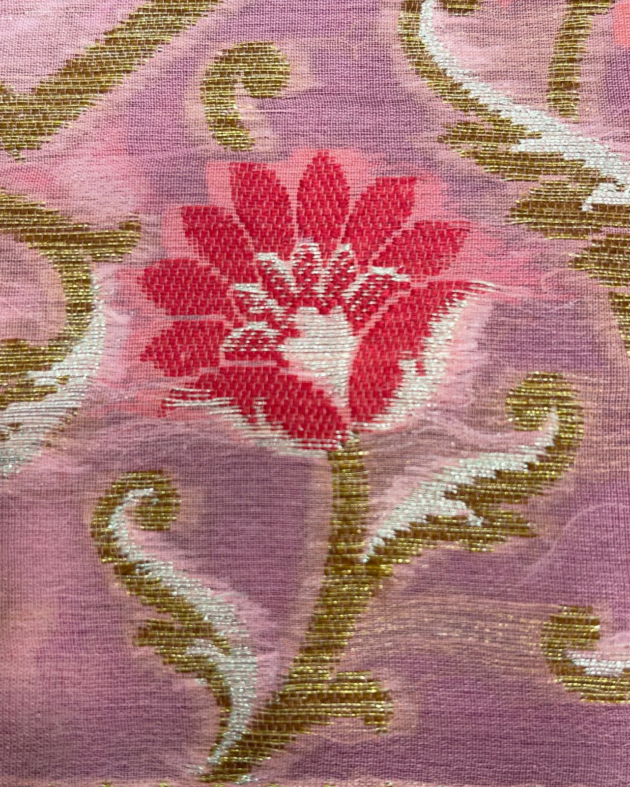 Faishana Pure Handloom Baby Pink Chiffon Stripe Zari Zig-Zag Booti Skirt Paithani Border with Contrast Magenta Floral Zari Border and Magenta Blouse