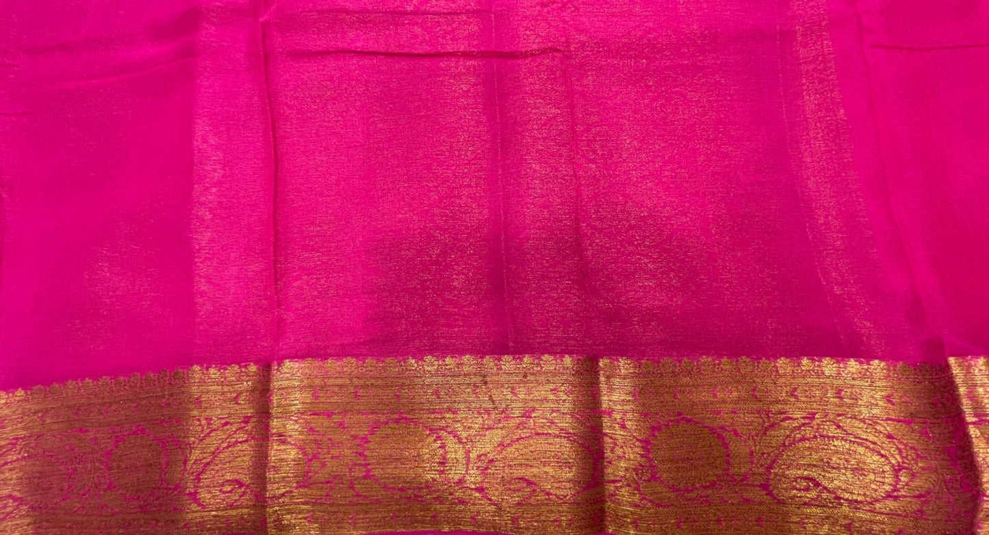 Faishana Pure Handloom Red Chiffon Floral Copper Zari Booti with Contrast Magenta Paisley Zari Border and Magenta Blouse