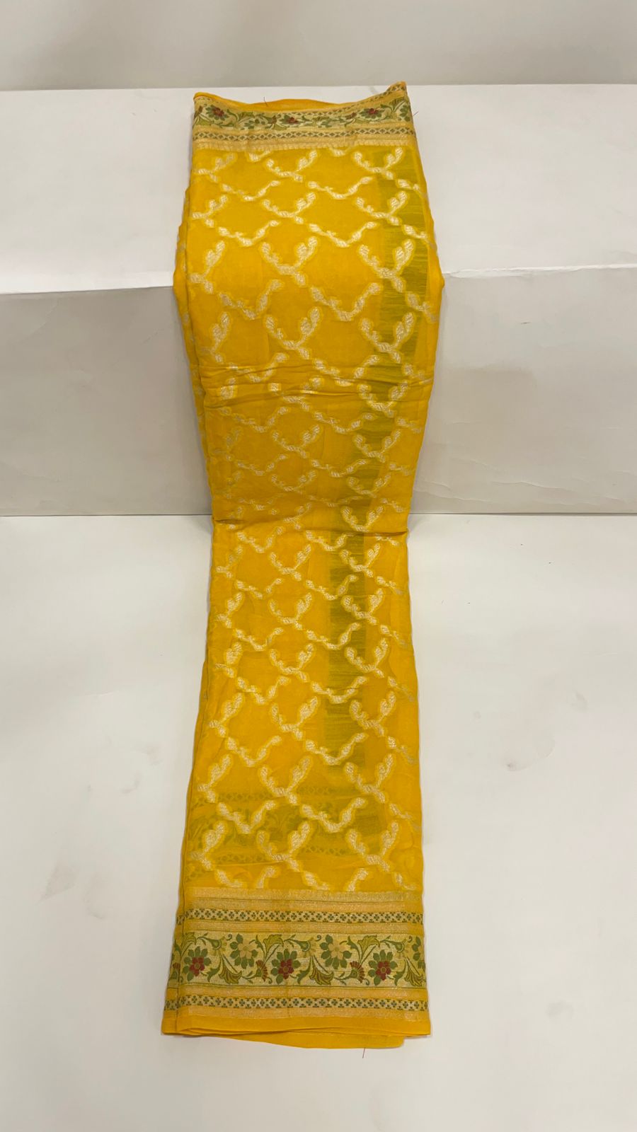 Faishana Pure Handloom Yellow Chiffon Gold Zari Jaal with Floral Mina Jaal Anchal and Tilfi Zari Border with Yellow Blouse