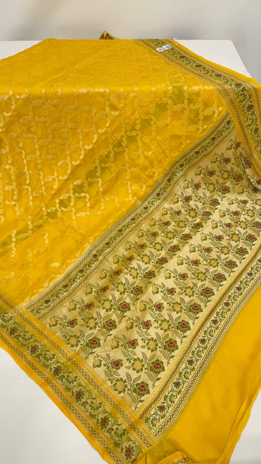 Faishana Pure Handloom Yellow Chiffon Gold Zari Jaal with Floral Mina Jaal Anchal and Tilfi Zari Border with Yellow Blouse