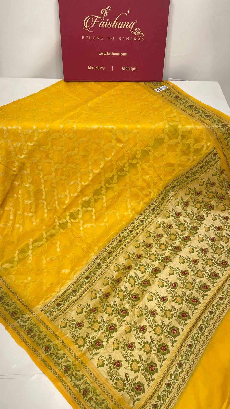 Faishana Pure Handloom Yellow Chiffon Gold Zari Jaal with Floral Mina Jaal Anchal and Tilfi Zari Border with Yellow Blouse