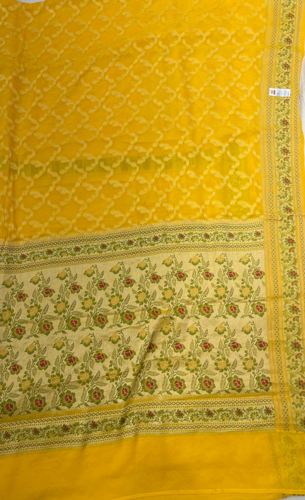 Faishana Pure Handloom Yellow Chiffon Gold Zari Jaal with Floral Mina Jaal Anchal and Tilfi Zari Border with Yellow Blouse