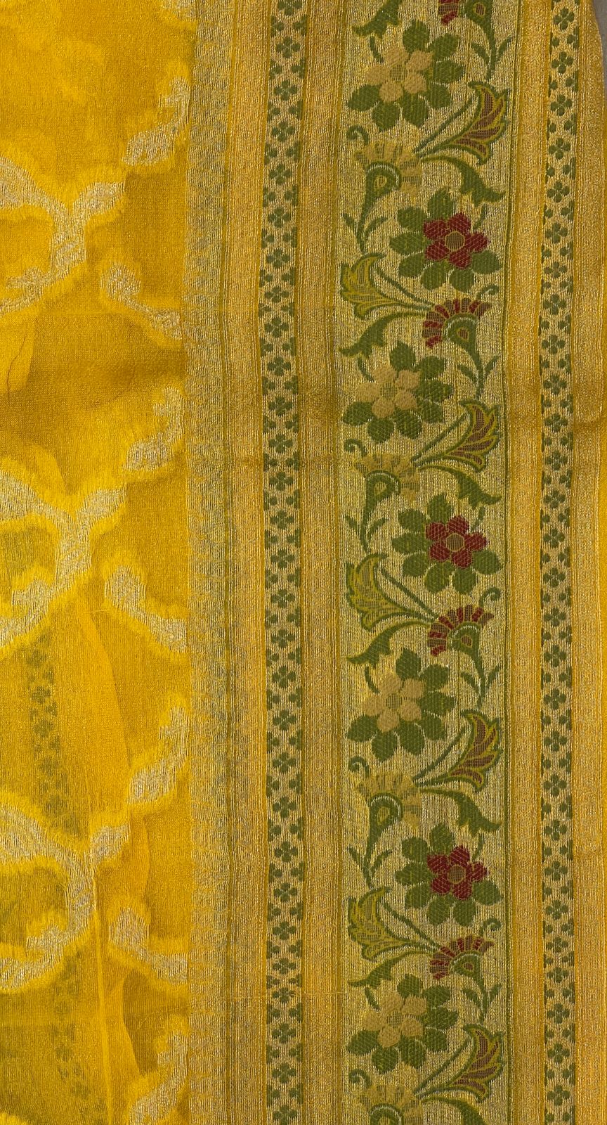 Faishana Pure Handloom Yellow Chiffon Gold Zari Jaal with Floral Mina Jaal Anchal and Tilfi Zari Border with Yellow Blouse
