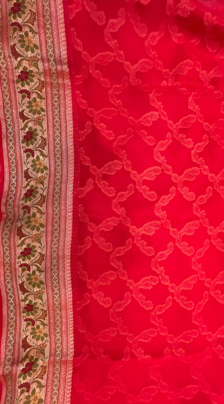 Faishana Pure Handloom Red Chiffon Gold Zari Jaal with Floral Mina Jaal Anchal and Tilfi Zari Border With Red Blouse