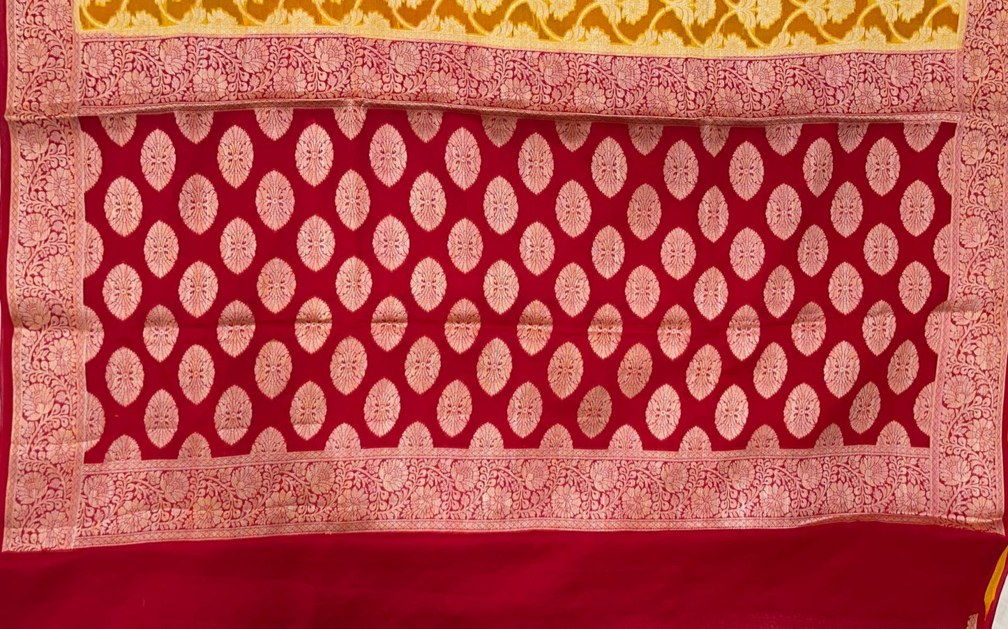 Faishana Pure Handloom Yellow Chiffon Golden Zari Floral Booti Jaal with Contrast Red Zari Booti Anchal and Zari Border with Red Blouse