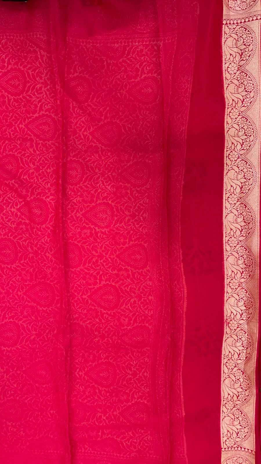 Faishana Pure Handloom Pink Chiffon Resham Floral Mina Zari Booti with Banarasi Zari Border and Pink Blouse 