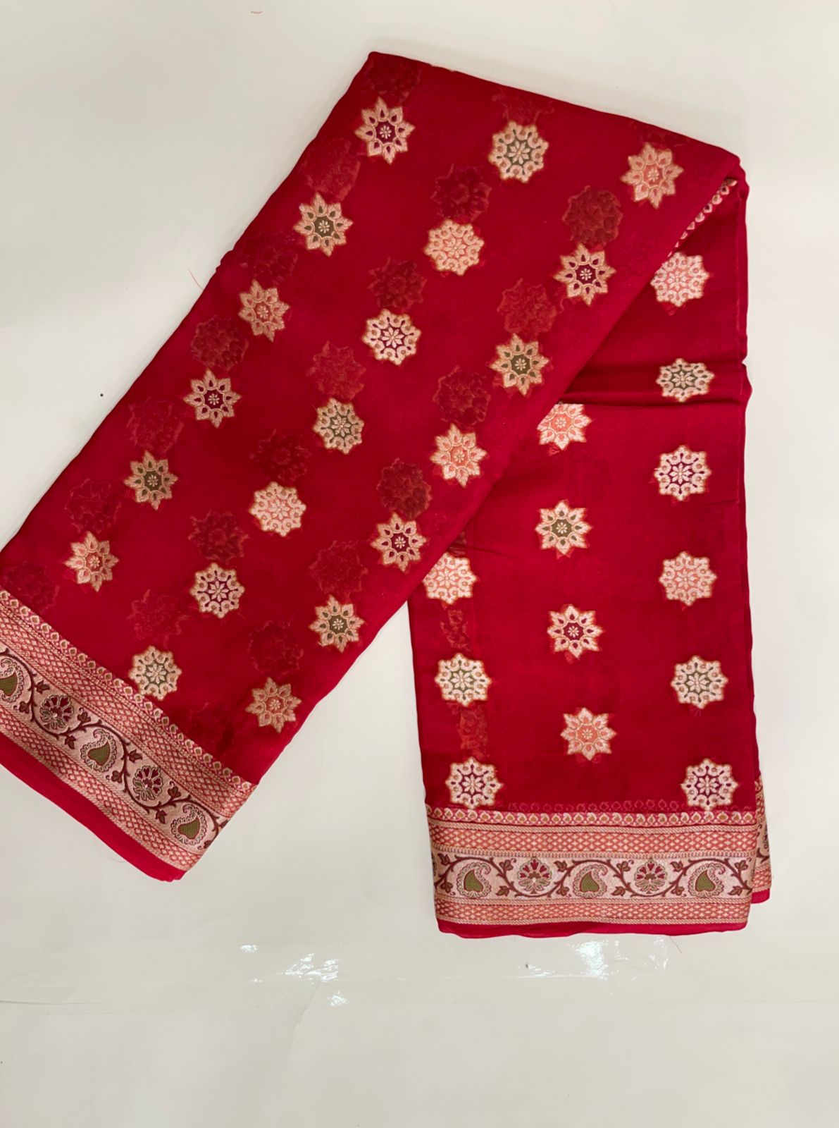 Faishana Pure Handloom Red Chiffon Resham Zari Chunri Mina Booti with Dual Mina Resham Zari Boota Anchal and Floral Zari Border with Red Blouse