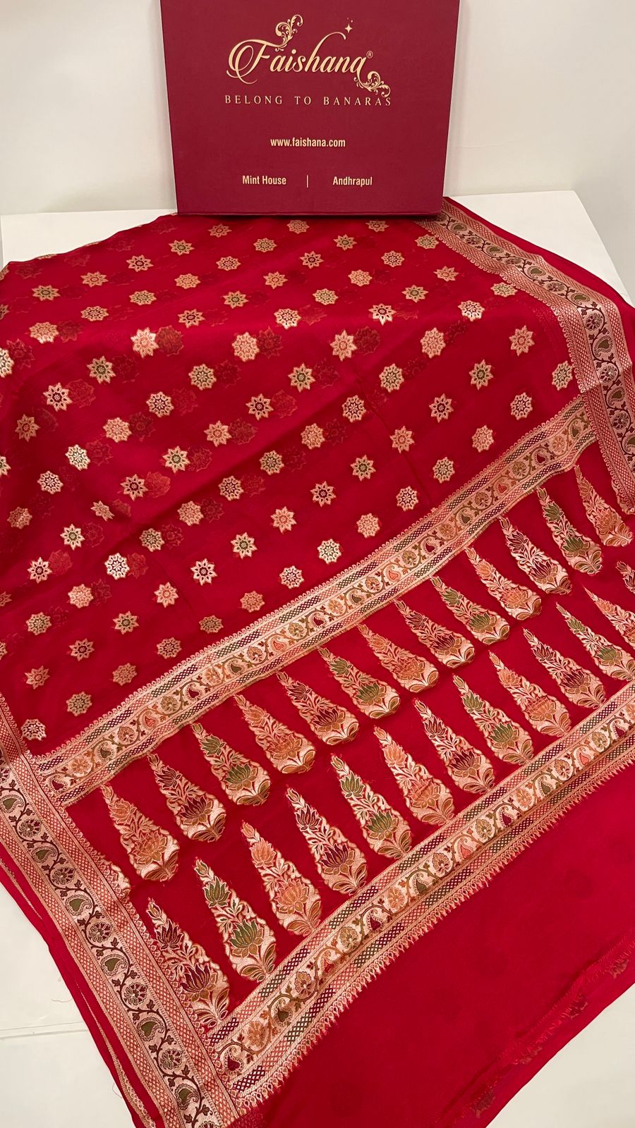 Faishana Pure Handloom Red Chiffon Resham Zari Chunri Mina Booti with Dual Mina Resham Zari Boota Anchal and Floral Zari Border with Red Blouse