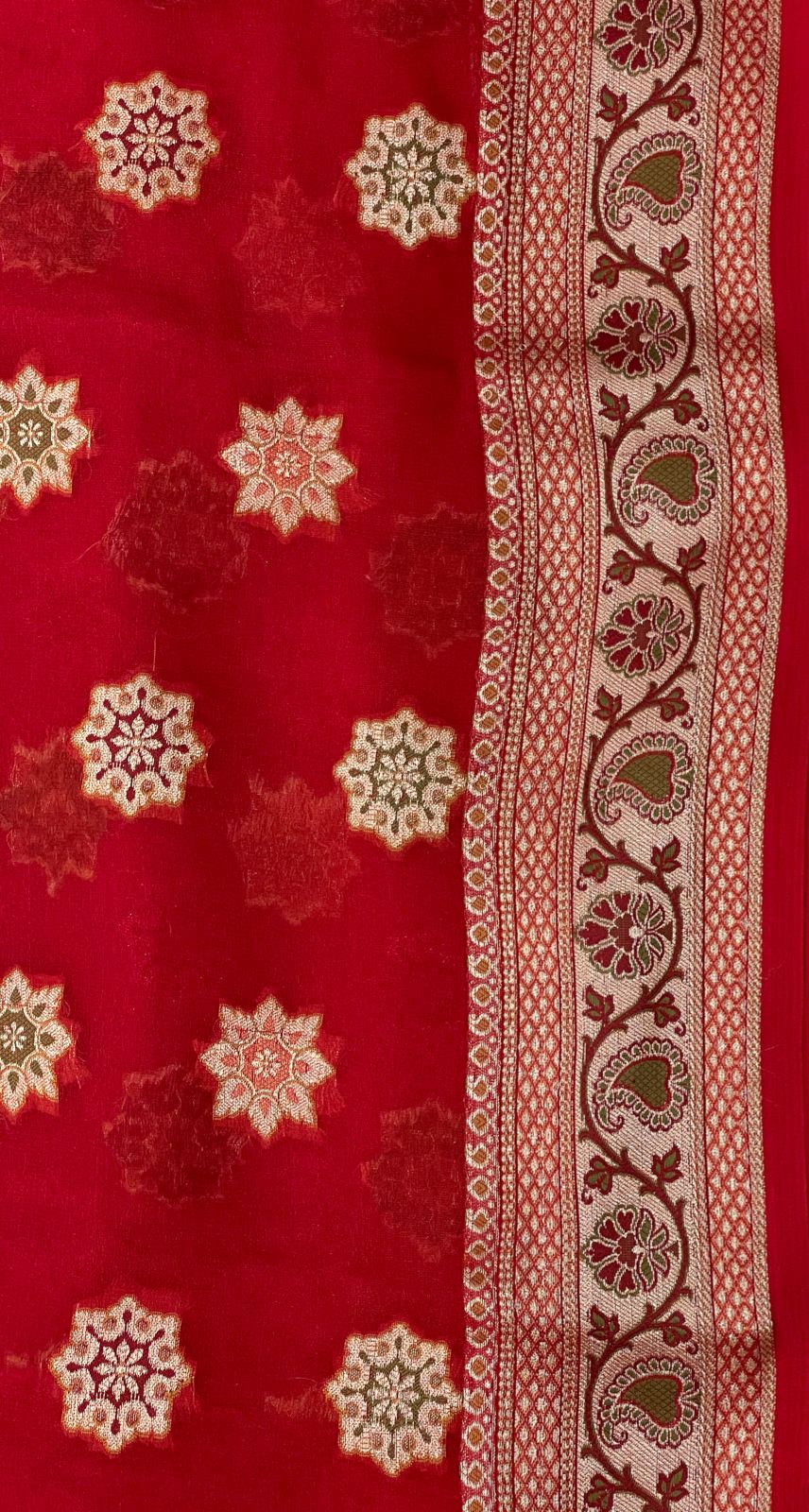 Faishana Pure Handloom Red Chiffon Resham Zari Chunri Mina Booti with Dual Mina Resham Zari Boota Anchal and Floral Zari Border with Red Blouse