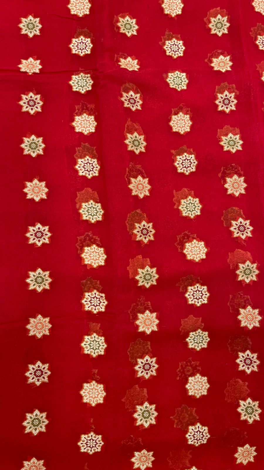Faishana Pure Handloom Red Chiffon Resham Zari Chunri Mina Booti with Dual Mina Resham Zari Boota Anchal and Floral Zari Border with Red Blouse