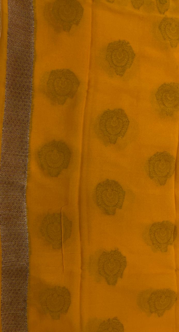 Faishana Pure Handloom Yellow Chiffon Floral Mina Zari Booti with Skirt Mina Copper Zari Border and Yellow Blouse