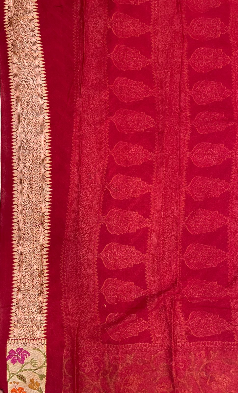 Faishana Pure Handloom Maroon Chiffon Resham Zari Zig-Zag with Paithani Skirt Zari Border with Maroon Blouse