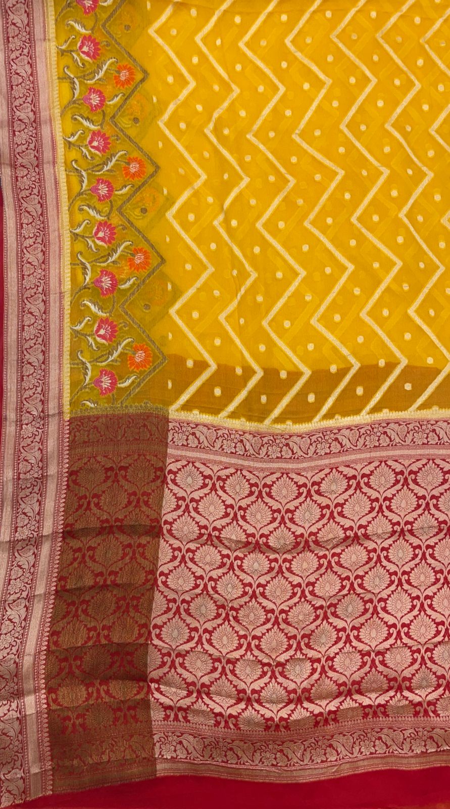 Faishana Pure Handloom Yellow Chiffon Stripe Zari Zig-Zag Booti Skirt Paithani Border with Contrast Red Floral Zari Border and Red Blouse 