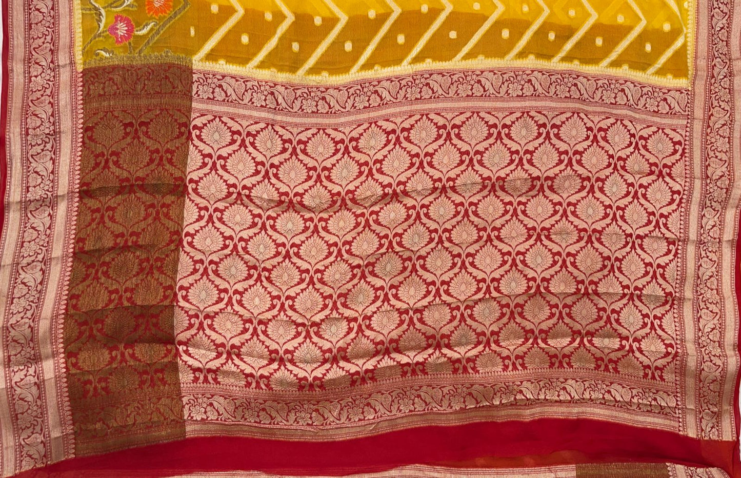 Faishana Pure Handloom Yellow Chiffon Stripe Zari Zig-Zag Booti Skirt Paithani Border with Contrast Red Floral Zari Border and Red Blouse 