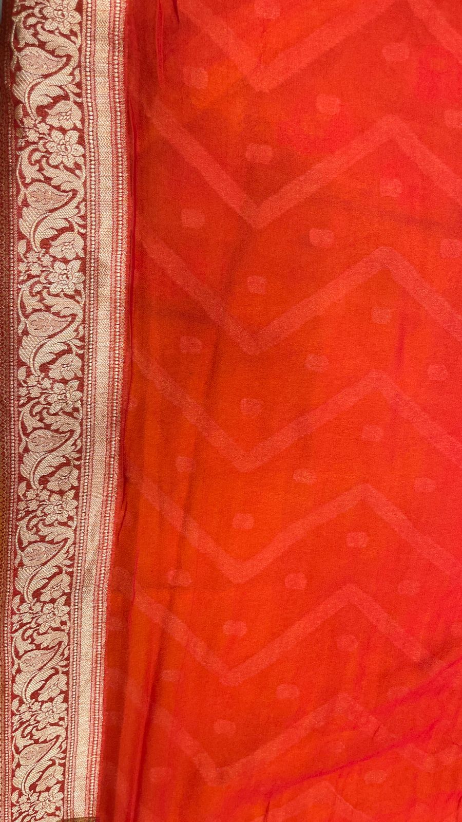 Faishana Pure Handloom Yellow Chiffon Stripe Zari Zig-Zag Booti Skirt Paithani Border with Contrast Red Floral Zari Border and Red Blouse 