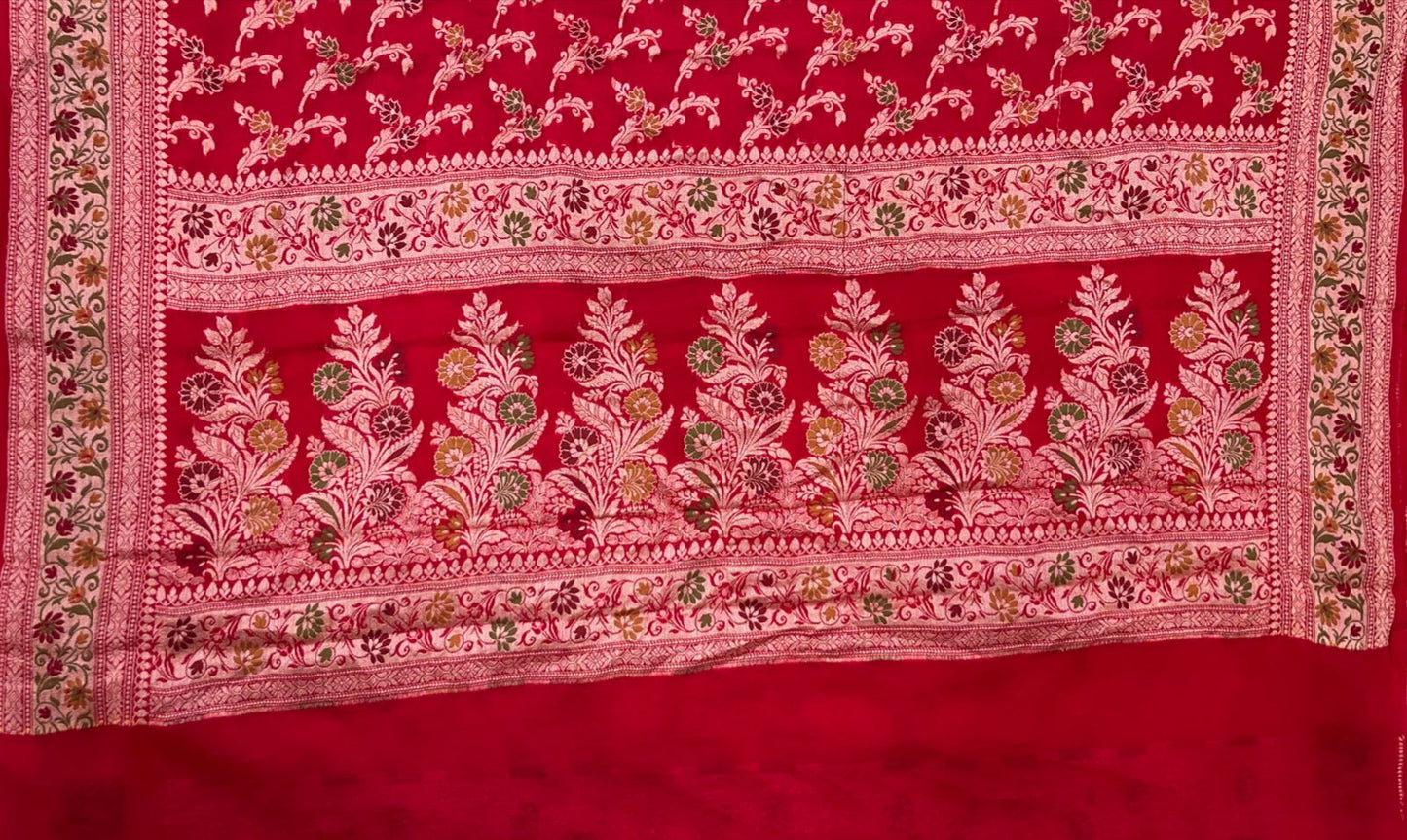 Faishana Pure Handloom Red Chiffon Alfi Mina Zari Jaal Minakari Zari Border and Floral Big Boota Mina Pallu Saree with Red Blouse