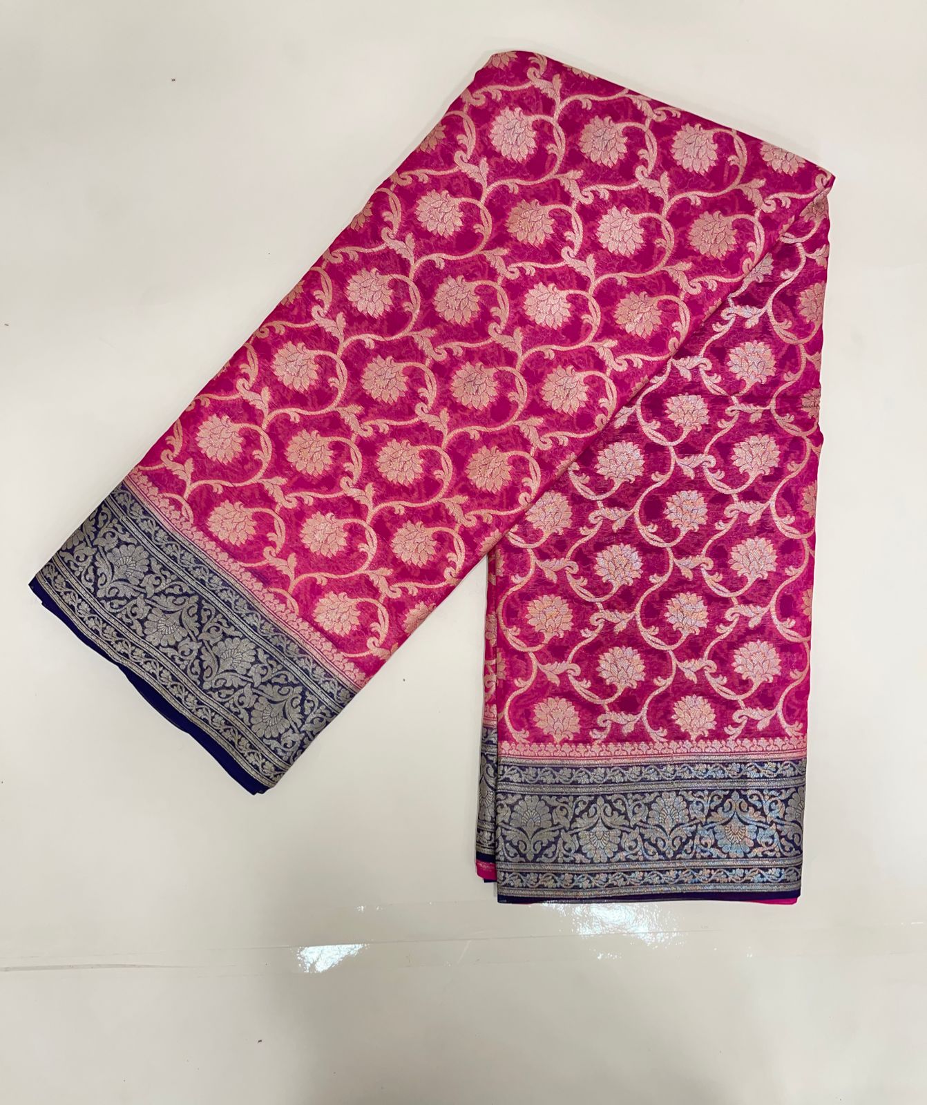 Faishana Pure Handloom Pink Chiffon Floral Zari Jaal with Contrast Navy Blue Paisley Pallu and Navy Blue Blouse